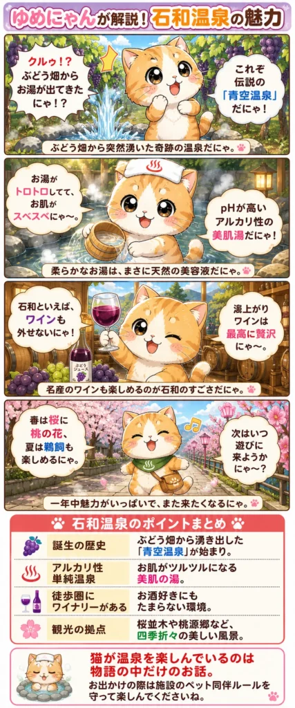 石和温泉の魅力を詰め込んだ4コマ漫画。