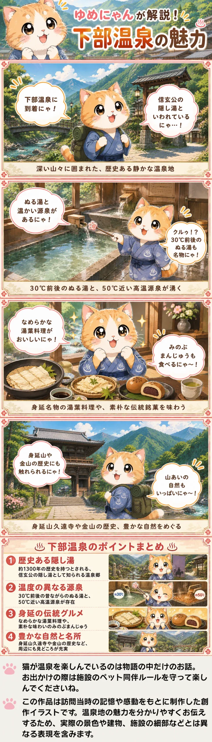 下部温泉の魅力を詰め込んだ4コマ漫画。猫のゆめにゃんが2種の源泉や身延グルメ、周辺観光を紹介。