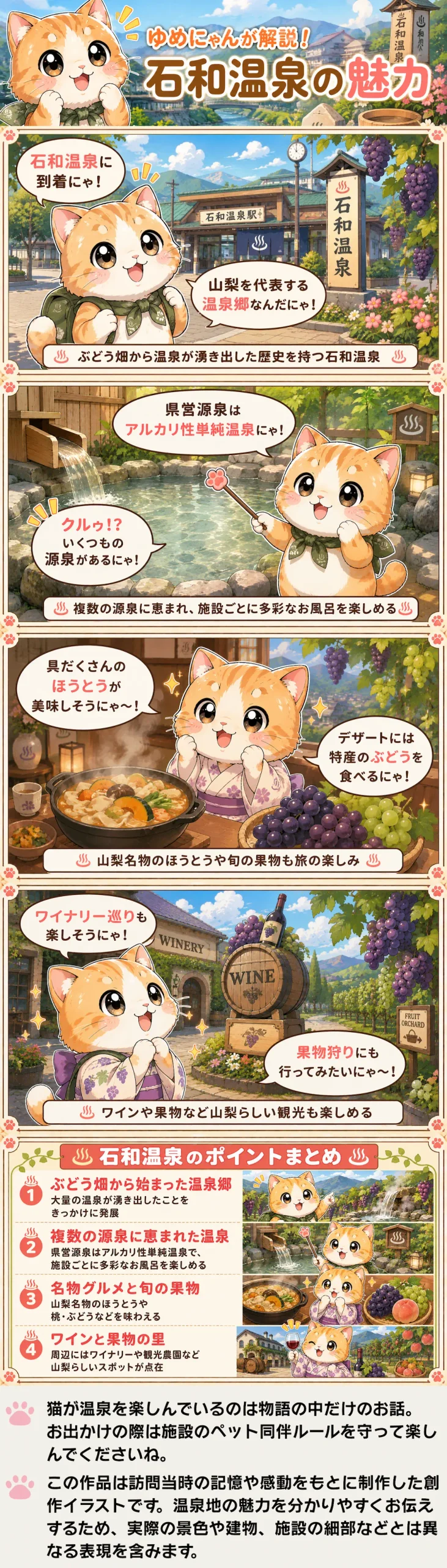 石和温泉の魅力を詰め込んだ4コマ漫画。ゆめにゃんが泉質、名物グルメ、周辺観光を楽しく解説します。