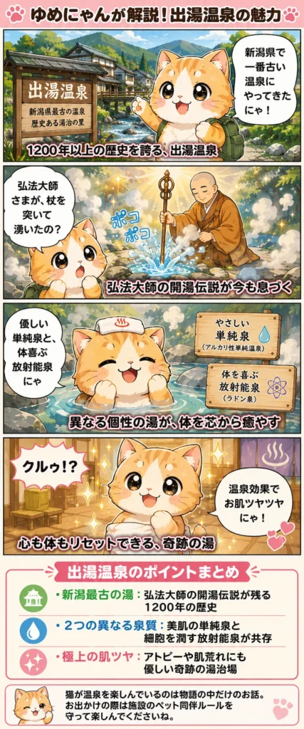 出湯温泉の魅力を詰め込んだ4コマ漫画。猫のゆめにゃんが歴史や2つの泉質、肌ツヤ効果を分かりやすく解説。