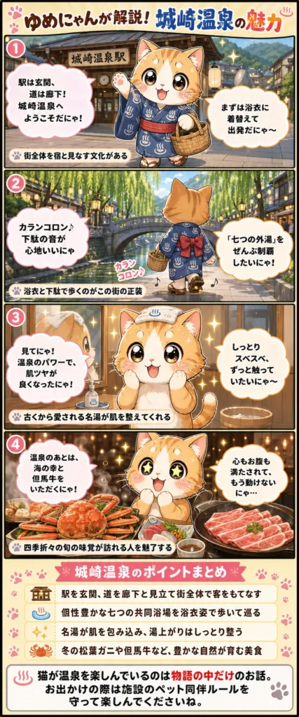 城崎温泉の魅力を詰め込んだ4コマ漫画。