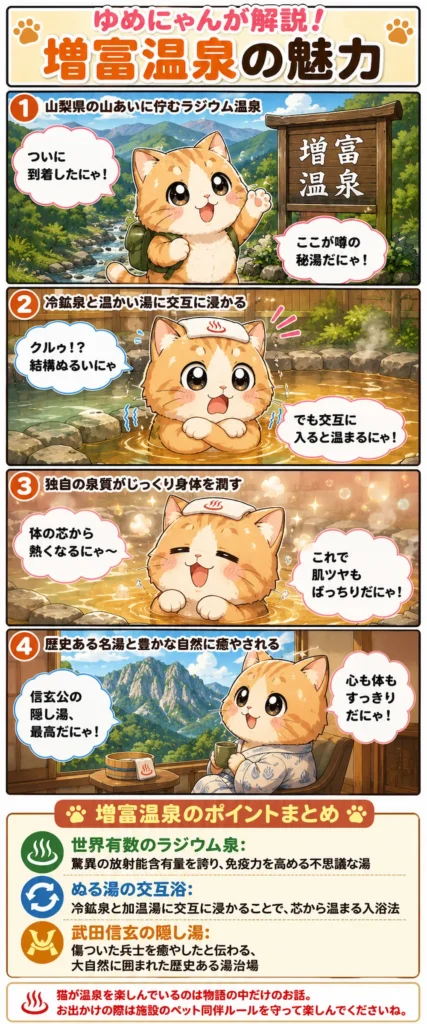 増富温泉の魅力を詰め込んだ4コマ漫画。猫のゆめにゃんがぬる湯の交互浴や信玄公の隠し湯の歴史を紹介。