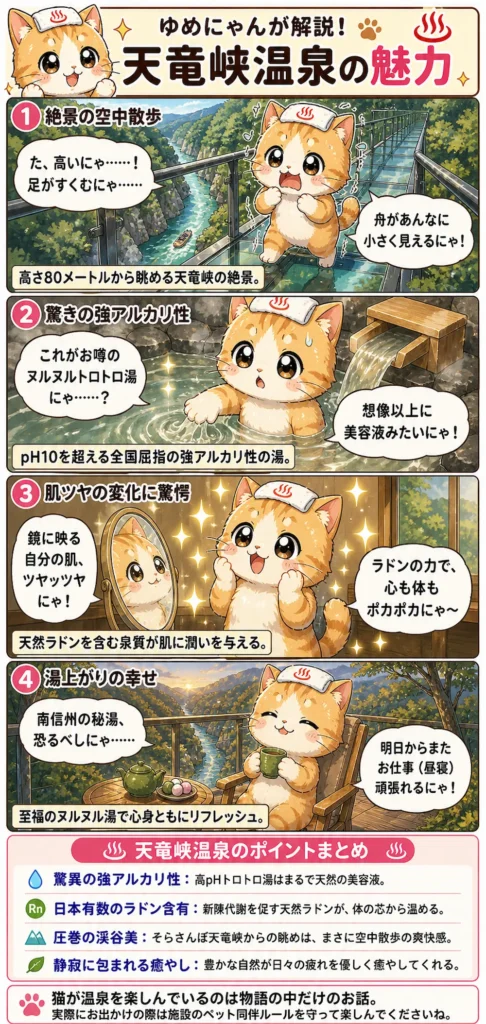 天竜峡温泉の魅力を詰め込んだ4コマ漫画。