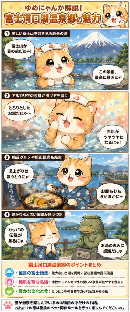富士河口湖温泉郷の魅力を詰め込んだ4コマ漫画。ゆめにゃんが絶景、名湯、食、伝説の魅力を紹介する内容。