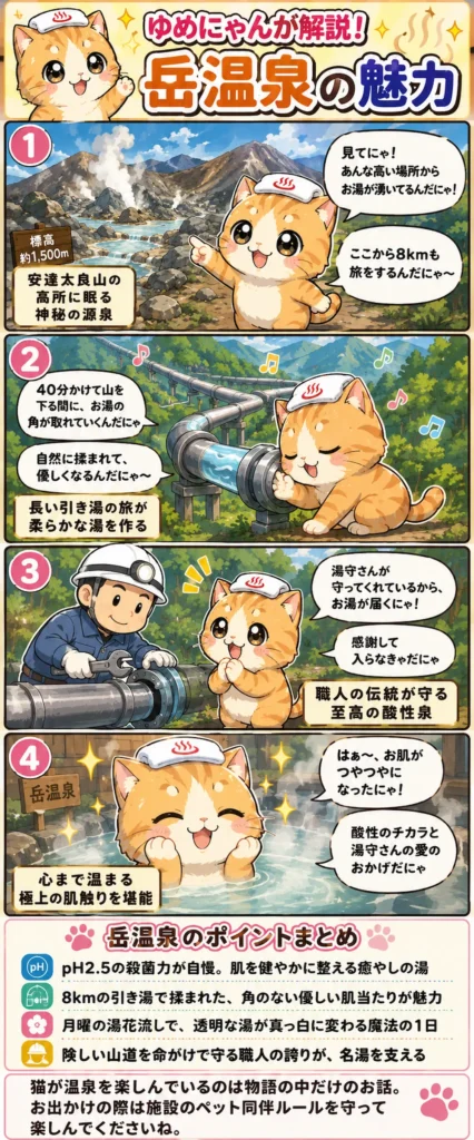 岳温泉の魅力を詰め込んだ4コマ漫画。山頂から届くお湯と、湯守の努力で肌がつやつやになるゆめにゃん。