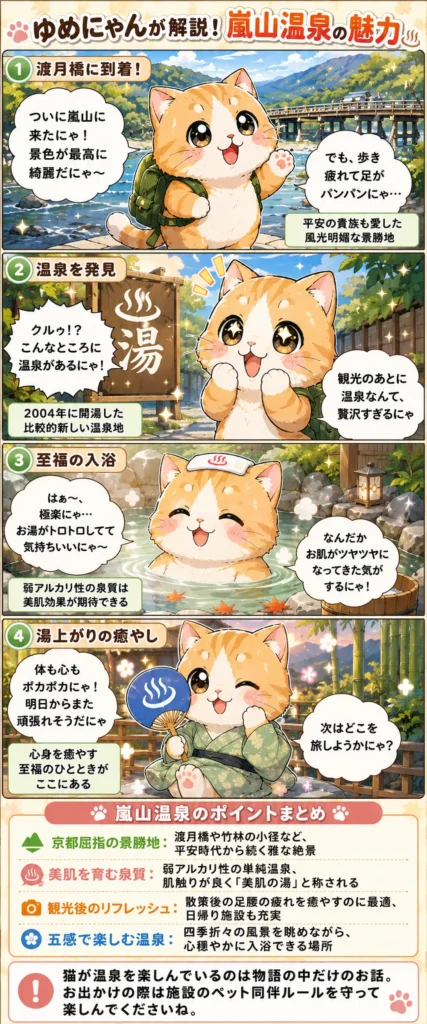 嵐山温泉の魅力を詰め込んだ4コマ漫画。猫のゆめにゃんが絶景と美肌の湯を堪能し、心身共に癒やされる物語。