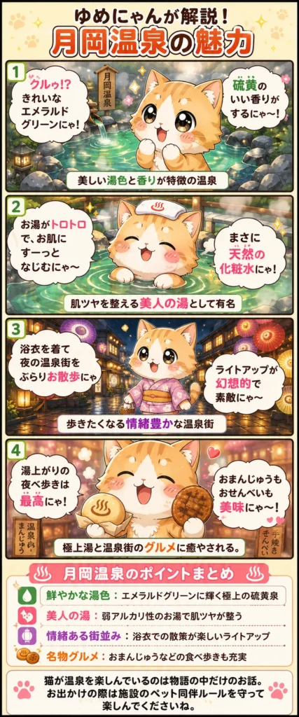月岡温泉の魅力を詰め込んだ4コマ漫画。猫のゆめにゃんがエメラルドの湯や美肌効果、街歩きを紹介。
