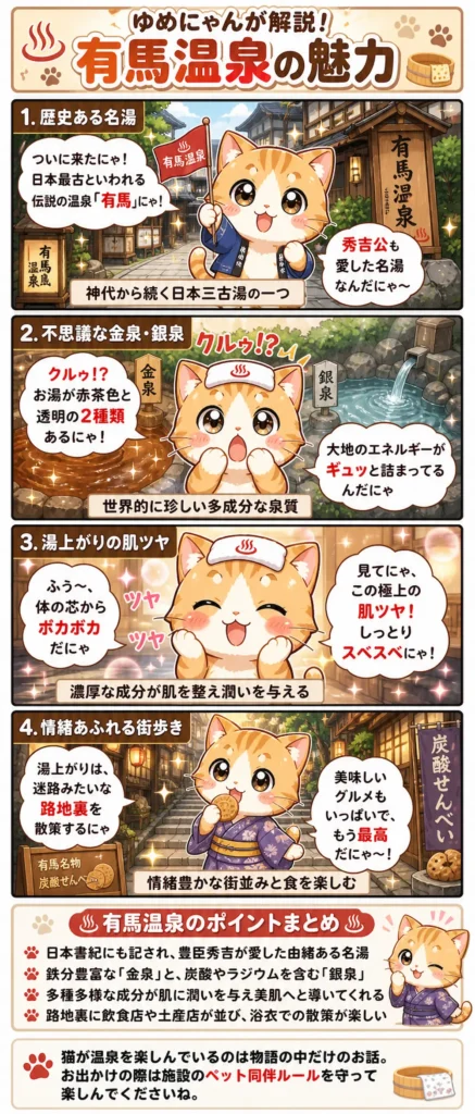有馬温泉の魅力を詰め込んだ4コマ漫画。
