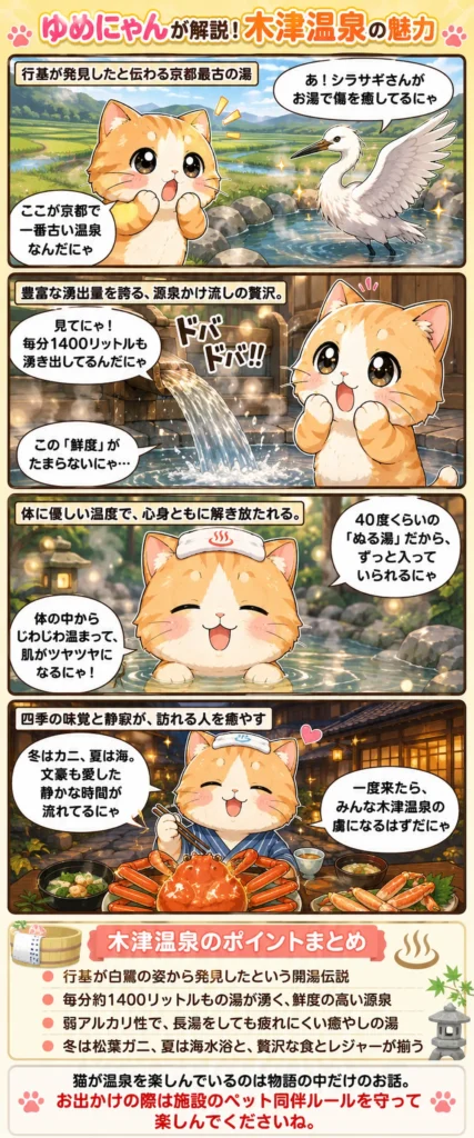 木津温泉の魅力を詰め込んだ4コマ漫画。猫のゆめにゃんが歴史、湧出量、美肌の湯、カニ料理を紹介。