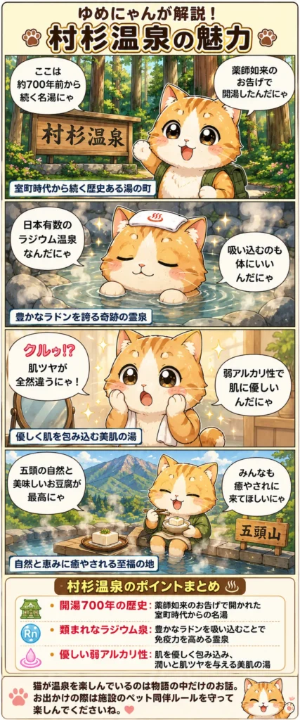 村杉温泉の魅力を詰め込んだ4コマ漫画。猫のゆめにゃんが歴史、ラジウム泉、美肌効果を優しく解説。