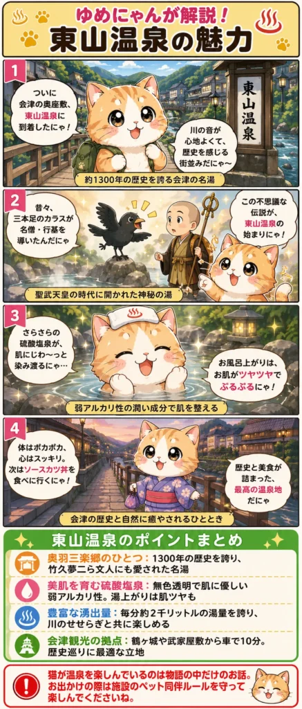 東山温泉の魅力を詰め込んだ4コマ漫画。猫のゆめにゃんが歴史・泉質・街歩きを楽しく紹介する内容。