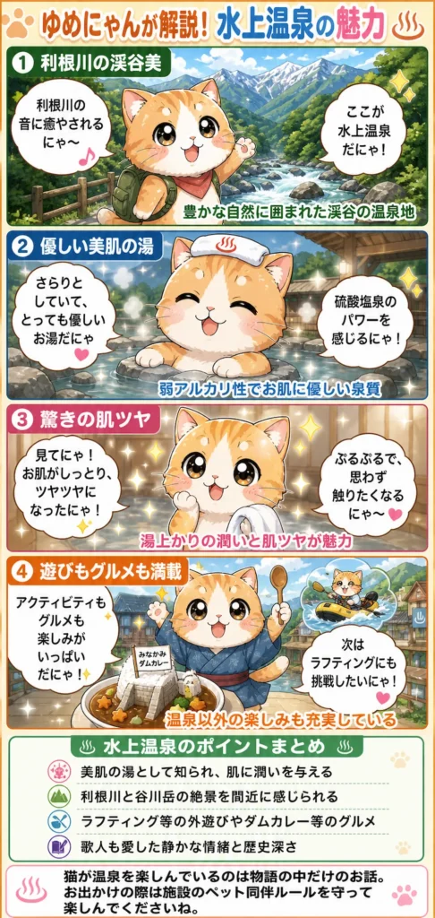 水上温泉の魅力を詰め込んだ4コマ漫画。
