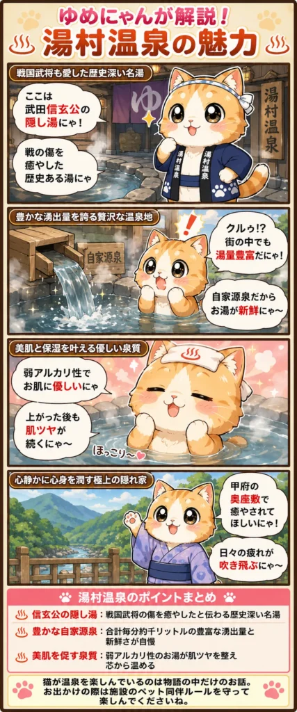 湯村温泉の魅力を詰め込んだ4コマ漫画。猫のゆめにゃんが歴史、湯量、肌ツヤを整える泉質を優しく解説。