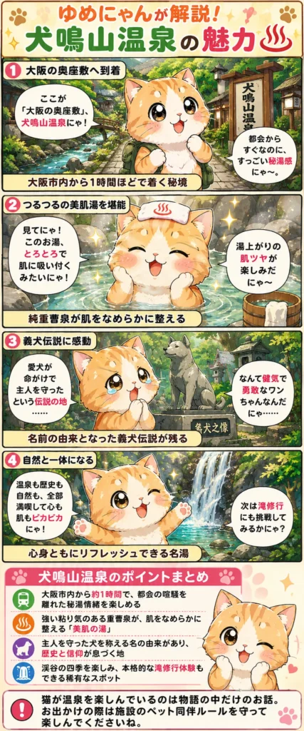 犬鳴山温泉の魅力を詰め込んだ4コマ漫画。ゆめにゃんが美肌の湯、義犬伝説、自然の魅力を楽しく解説。
