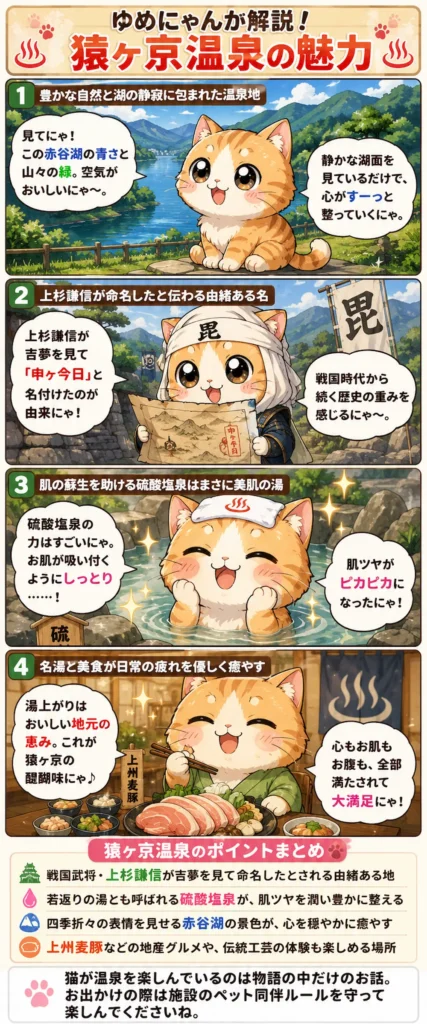 猿ヶ京温泉の魅力を詰め込んだ4コマ漫画。湖の絶景、謙信の伝説、美肌の湯、美食を猫のゆめにゃんが紹介。