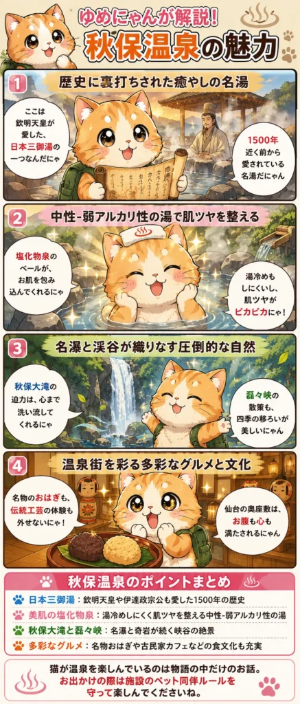 秋保温泉の魅力を詰め込んだ4コマ漫画。猫のゆめにゃんが歴史、泉質、自然、グルメを優しく紹介します。