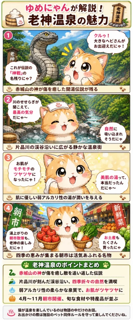 老神温泉の魅力を詰め込んだ4コマ漫画。開湯伝説、露天風呂、美肌の湯、朝市を楽しむ様子。