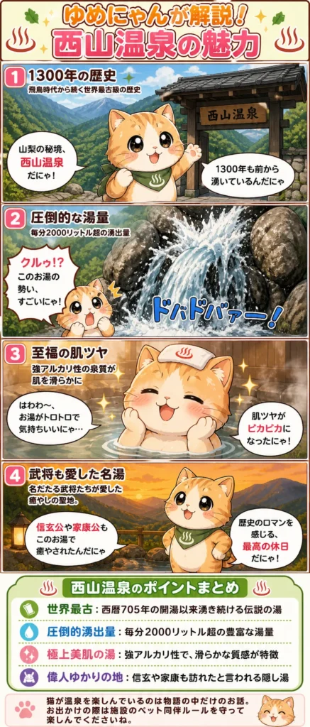 西山温泉の魅力を詰め込んだ4コマ漫画。