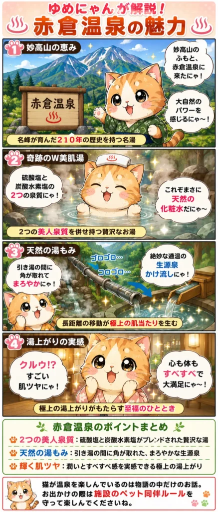 赤倉温泉の魅力を詰め込んだ4コマ漫画。猫のゆめにゃんが2つの美人泉質や湯上がりの肌ツヤを解説します。