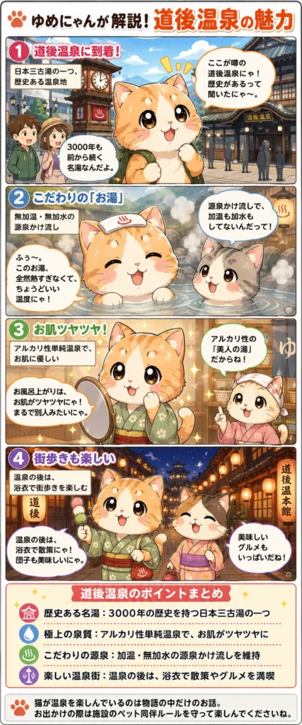 道後温泉の魅力を詰め込んだ4コマ漫画。猫のゆめにゃんが、歴史、泉質、街歩きの楽しさを体験し紹介する。