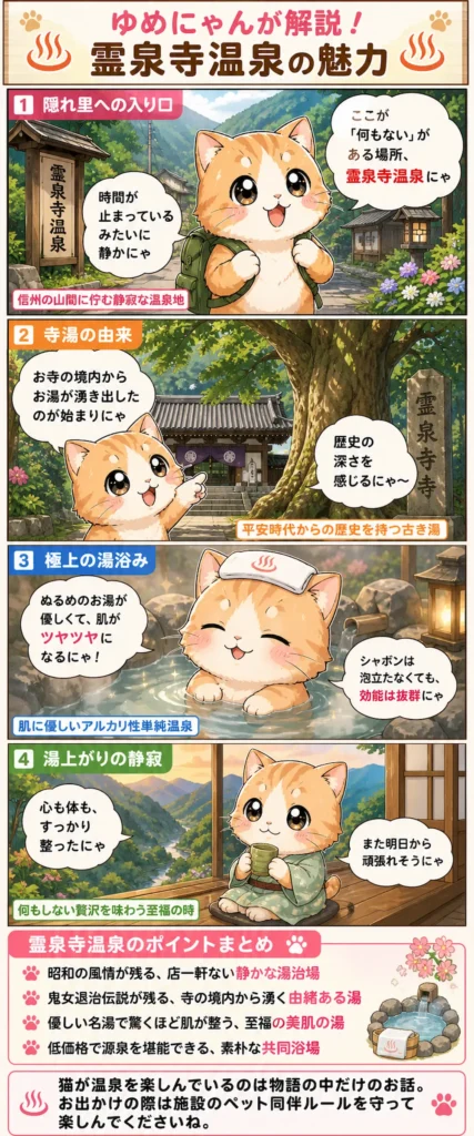 霊泉寺温泉の魅力を詰め込んだ4コマ漫画。