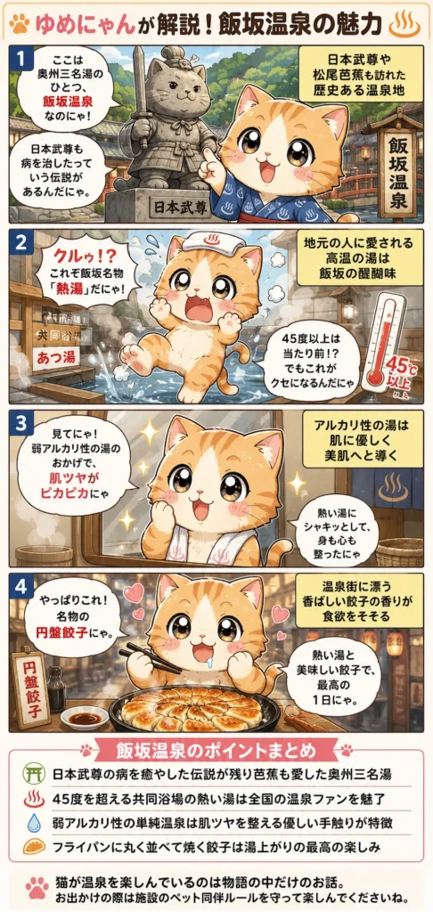 飯坂温泉の魅力を詰め込んだ4コマ漫画。歴史ある熱湯と肌ツヤ効果、名物の円盤餃子を紹介。