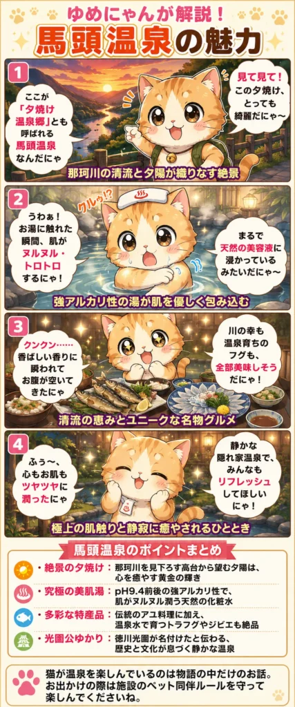 馬頭温泉の魅力を詰め込んだ4コマ漫画。絶景、ヌルヌルのお湯、グルメ、肌ツヤ潤うゆめにゃんを紹介。