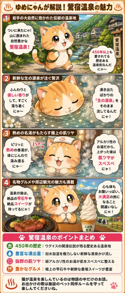 鶯宿温泉の魅力を詰め込んだ4コマ漫画。猫のゆめにゃんが泉質、肌ツヤ、グルメなど温泉地の魅力を紹介。