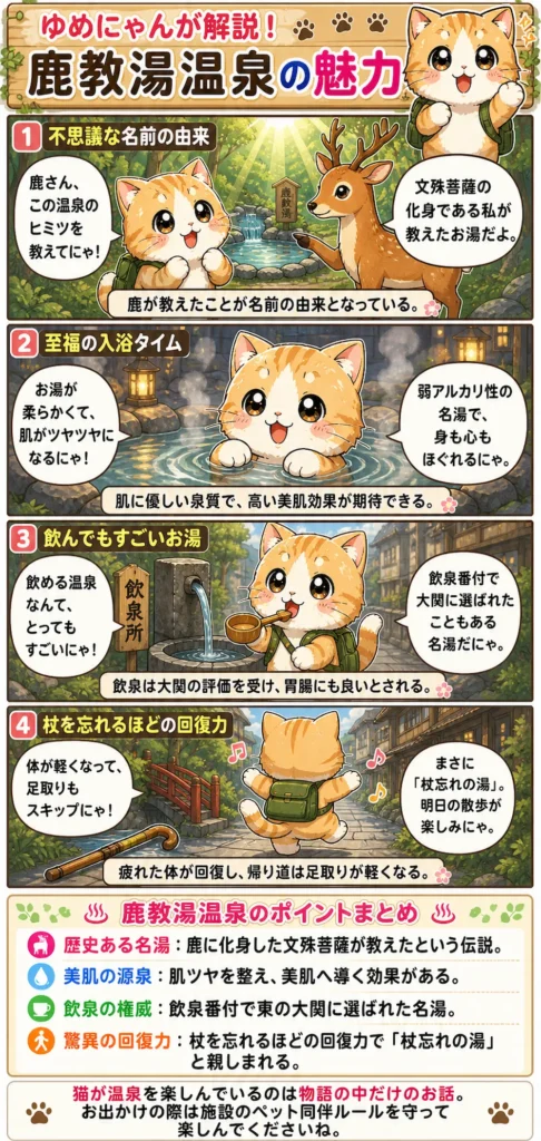 鹿教湯温泉の魅力を詰め込んだ4コマ漫画。