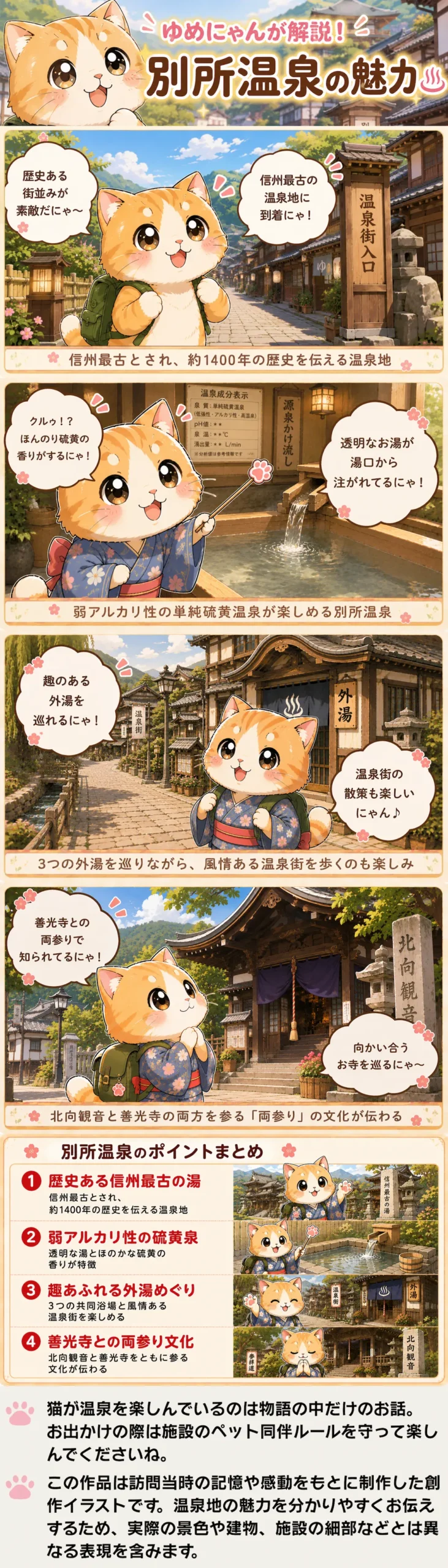 別所温泉の魅力を詰め込んだ4コマ漫画。ゆめにゃんが歴史や泉質、外湯めぐり、両参りの文化を解説。