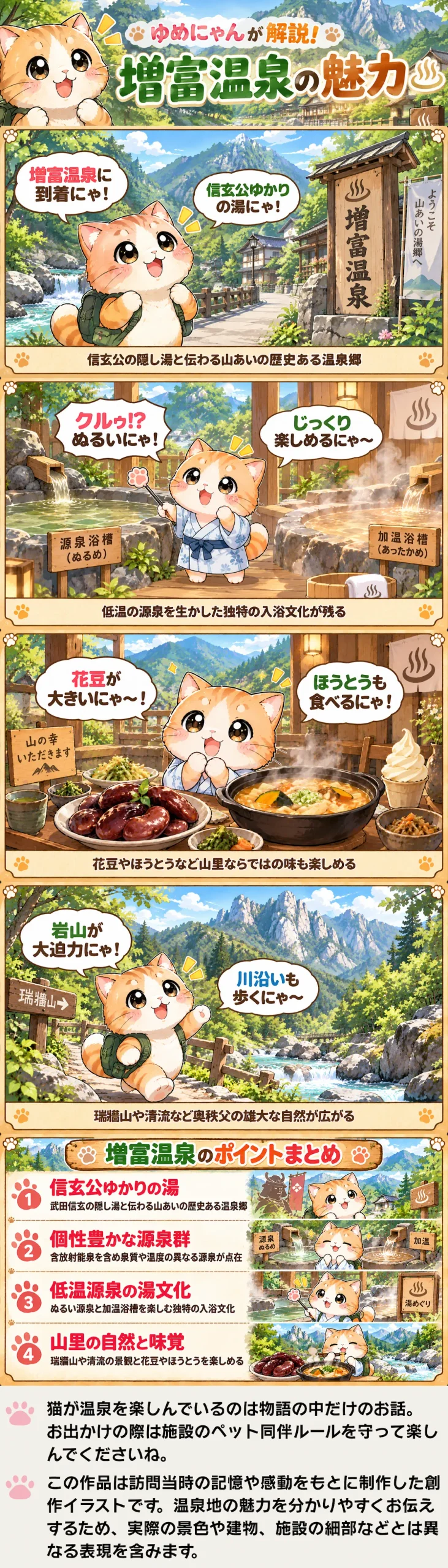 増富温泉の魅力を詰め込んだ4コマ漫画。低温源泉や山里の味、瑞牆山をゆめにゃんが紹介。