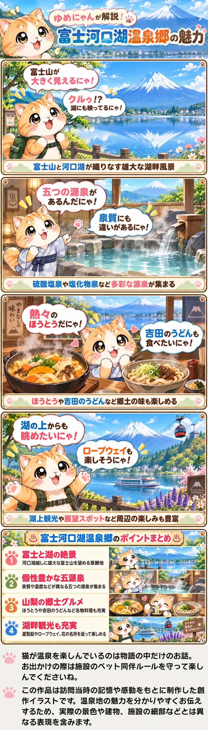 富士河口湖温泉郷の魅力を詰め込んだ4コマ漫画。富士山と五つの源泉、郷土料理や湖畔観光を紹介。