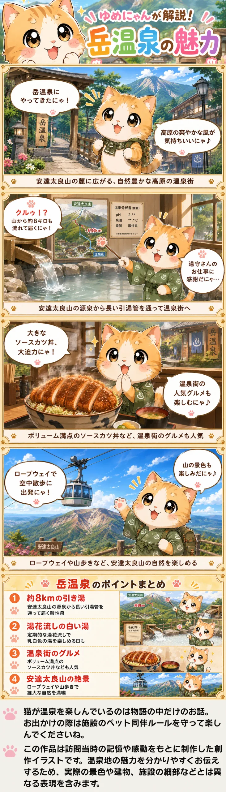 岳温泉の魅力を詰め込んだ4コマ漫画。ゆめにゃんが引湯の酸性泉やグルメ、自然を紹介。