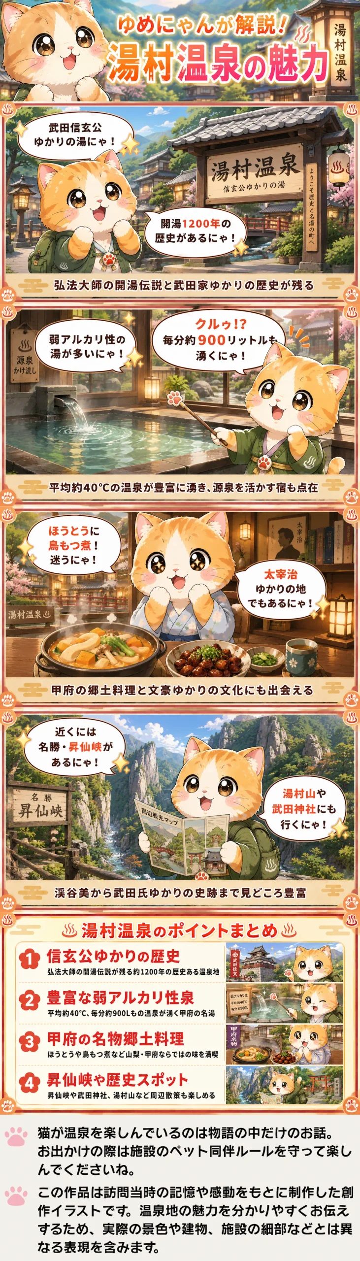 湯村温泉の魅力を詰め込んだ4コマ漫画。歴史や湯量、グルメ、昇仙峡など観光を猫のゆめにゃんが解説。