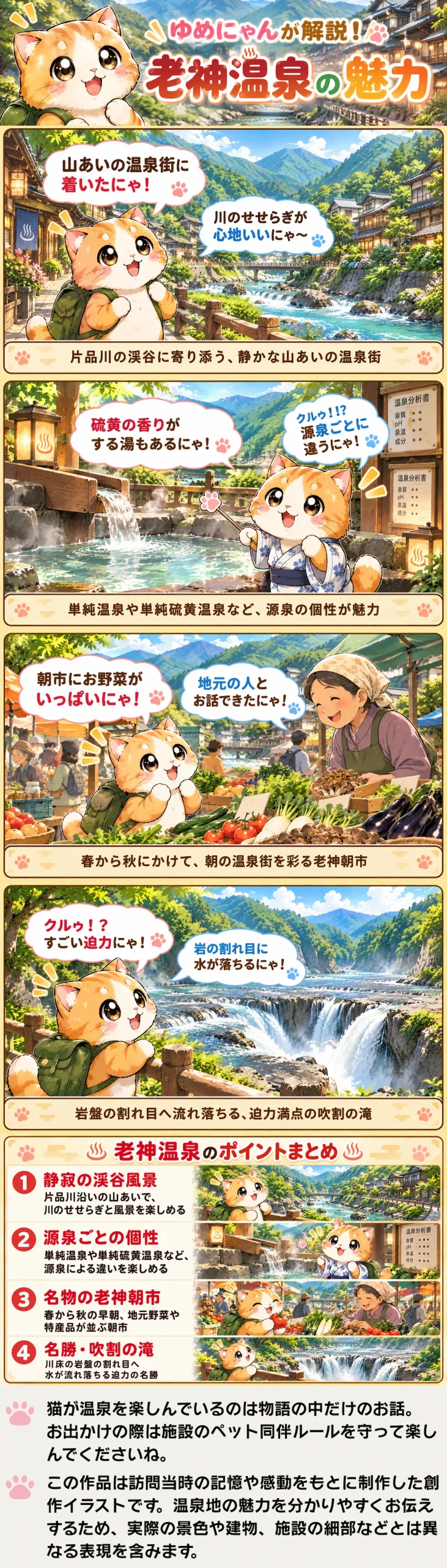 老神温泉の魅力を詰め込んだ4コマ漫画。ゆめにゃんが渓谷、源泉、朝市、吹割の滝を紹介。