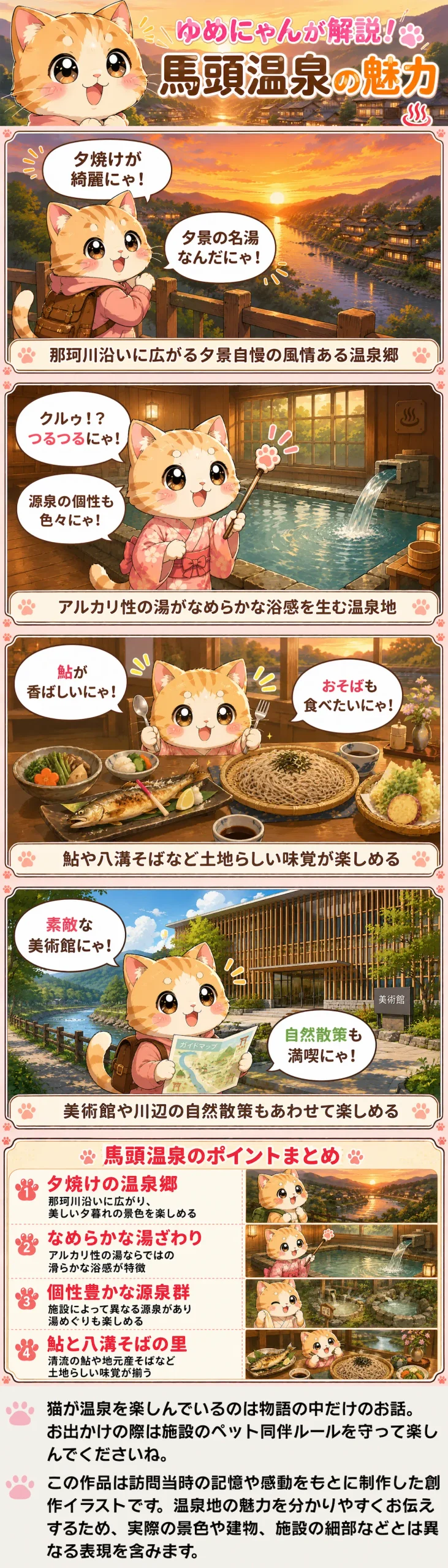 馬頭温泉の魅力を詰め込んだ4コマ漫画。夕景、温泉、鮎とそば、美術館や自然を紹介