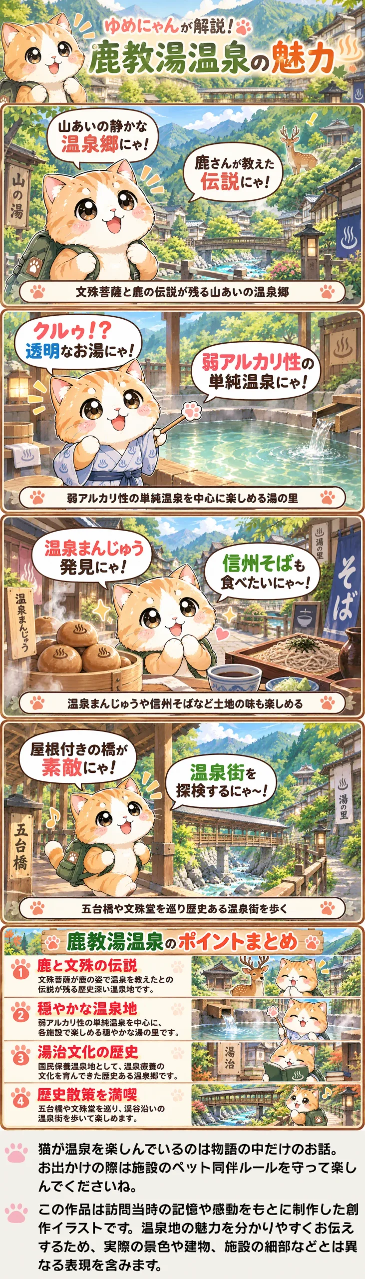 鹿教湯温泉の魅力を詰め込んだ4コマ漫画。温泉と伝説、信州の味、五台橋散策を紹介。
