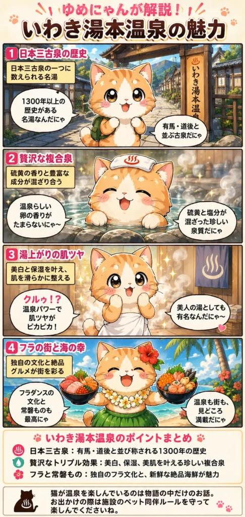 いわき湯本温泉の魅力を詰め込んだ4コマ漫画。猫のゆめにゃんが歴史や泉質、肌ツヤ効果、街の魅力を解説。