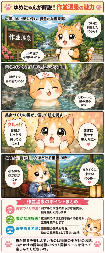 作並温泉の魅力を詰め込んだ4コマ漫画。猫のゆめにゃんが渓谷の温泉に浸かり、肌ツヤの良さを実感するお話。