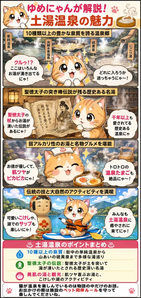 土湯温泉の魅力を詰め込んだ4コマ漫画。猫のゆめにゃんが豊かな泉質、歴史、肌ツヤの湯、自然を楽しく紹介。