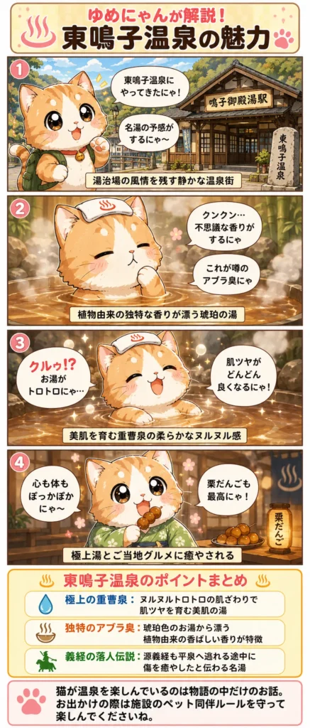 東鳴子温泉の魅力を詰め込んだ4コマ漫画。ゆめにゃんがトロトロの琥珀湯とアブラ臭、栗だんごを堪能します。
