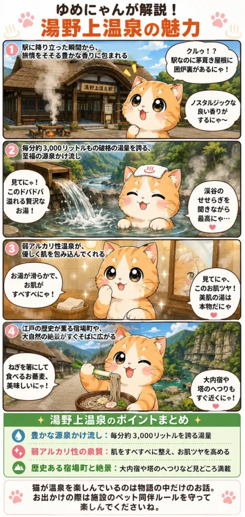 湯野上温泉の魅力を詰め込んだ4コマ漫画。猫のゆめにゃんが駅の風情、豊かなお湯、周辺グルメを紹介。