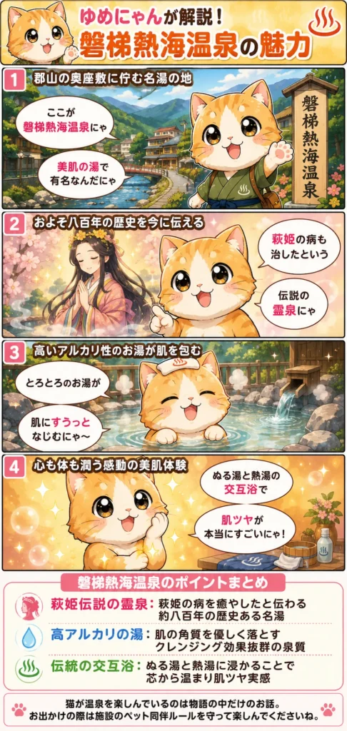 磐梯熱海温泉の魅力を詰め込んだ4コマ漫画。ゆめにゃんが美肌の湯の歴史や交互浴、肌ツヤの感動を解説。