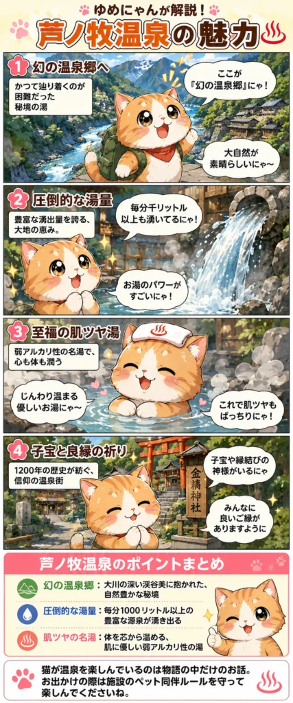 芦ノ牧温泉の魅力を詰め込んだ4コマ漫画。猫のゆめにゃんが、豊富な湯量や肌ツヤの湯の魅力を紹介。