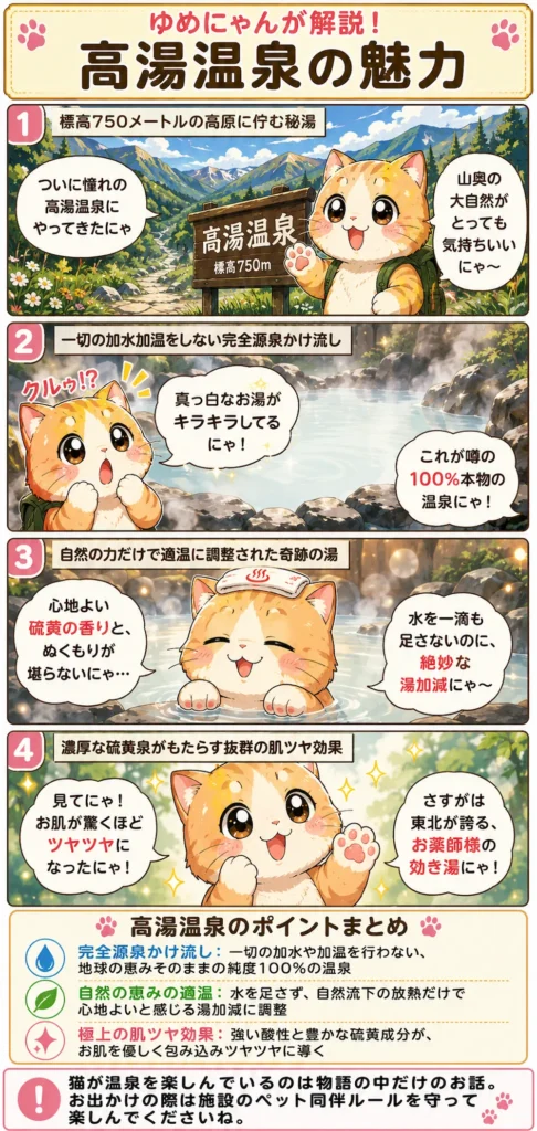 高湯温泉の魅力を詰め込んだ4コマ漫画。猫のゆめにゃんが完全源泉かけ流しの乳白色の湯と肌ツヤ効果を解説。