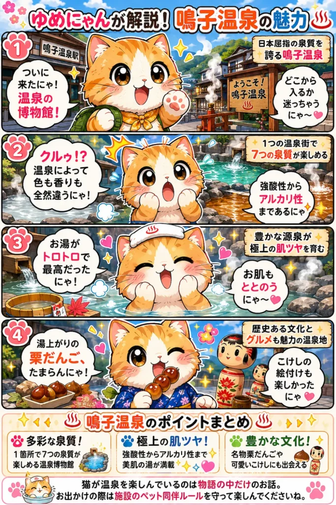 鳴子温泉の魅力を詰め込んだ4コマ漫画。猫のゆめにゃんが、多彩な泉質や肌ツヤ、名物グルメを紹介します。