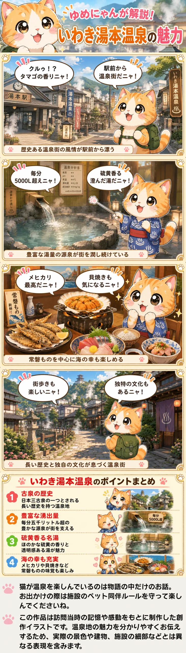 いわき湯本温泉の魅力を詰め込んだ4コマ漫画。温泉街、豊富な湯量、海の幸、街歩きを紹介