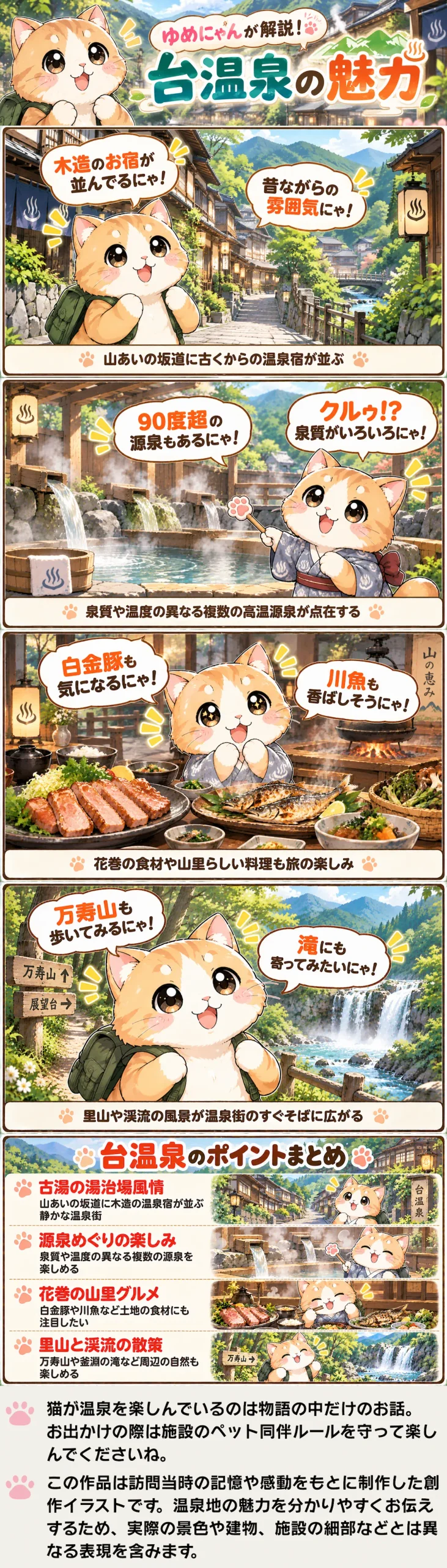 台温泉の魅力を詰め込んだ4コマ漫画。古湯の街並みや多彩な源泉、花巻グルメと里山散策を紹介。