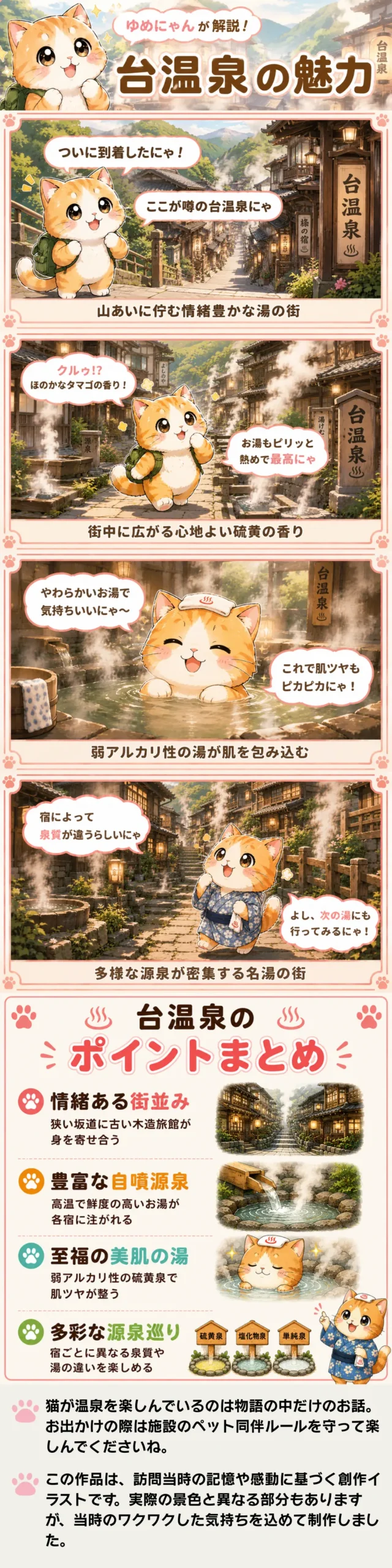 台温泉の魅力を詰め込んだ4コマ漫画。猫のゆめにゃんが情緒ある街並みや宿ごとに違う源泉巡りを紹介。