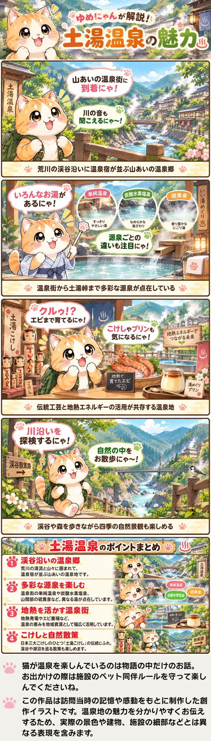土湯温泉の魅力を詰め込んだ4コマ漫画。多彩な源泉やこけし、地熱利用、渓谷散策を紹介。